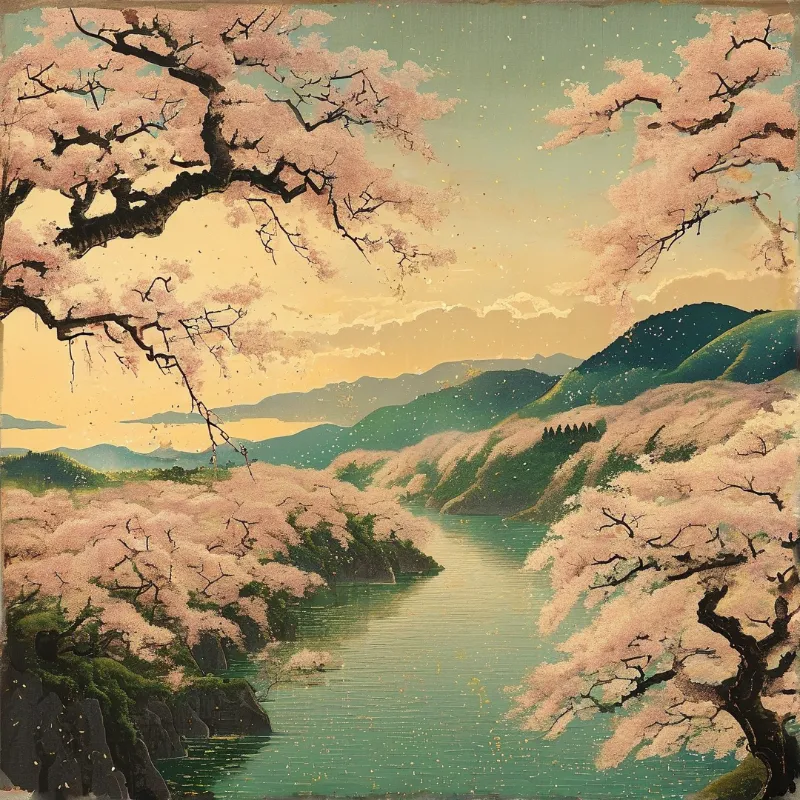 Pink flowering trees frame a winding stream surrounded by green mountains under a hazy yellow sky.