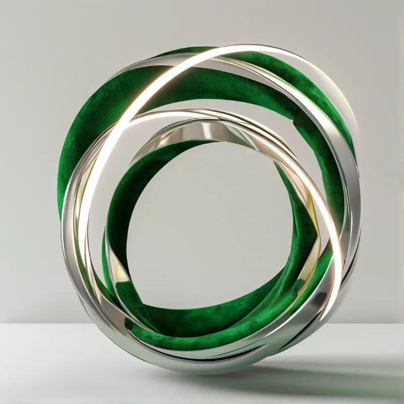 Interlocking silver bands cradle a loop of deep emerald velvet against a soft neutral studio backdrop