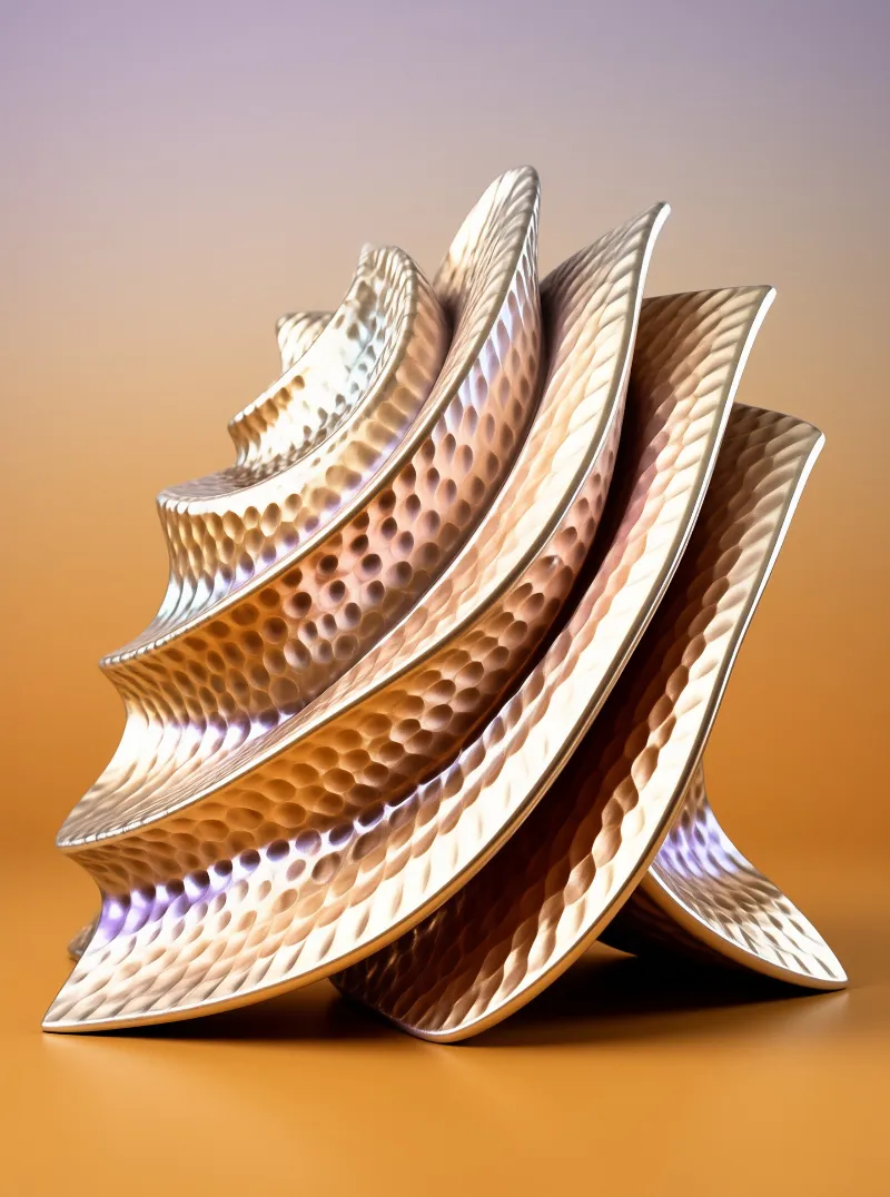 Dimpled sheets of rose gold metal layer into a curling spiral set against a smooth violet to amber sky