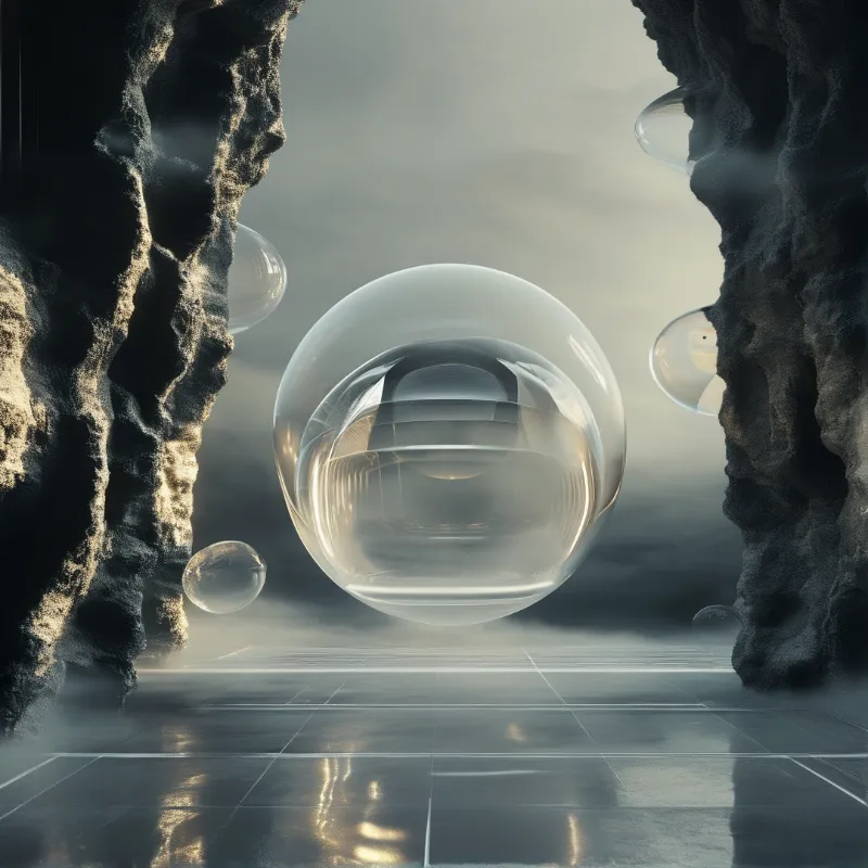 A translucent bubble containing liquid hovers in a rocky chasm above a glossy tiled floor under soft diffused light.