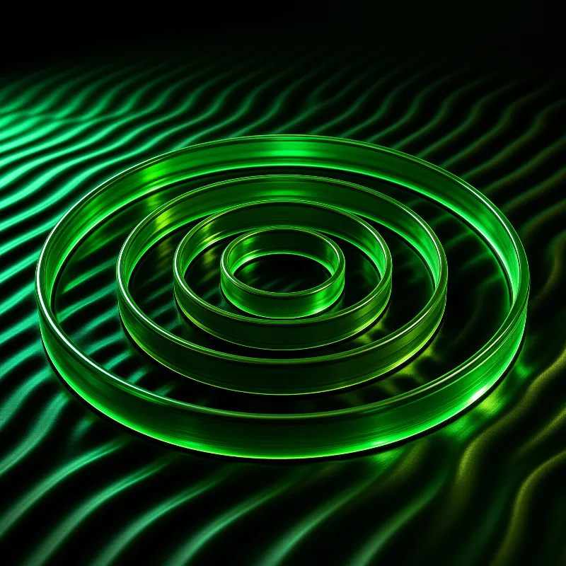 A glowing green 3D spiral structure with inner rings rests on rippled satin folds in monochrome lighting