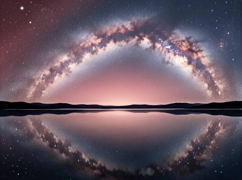 A stunning starry sky creates a perfect reflection on the still surface of a lake at night.
