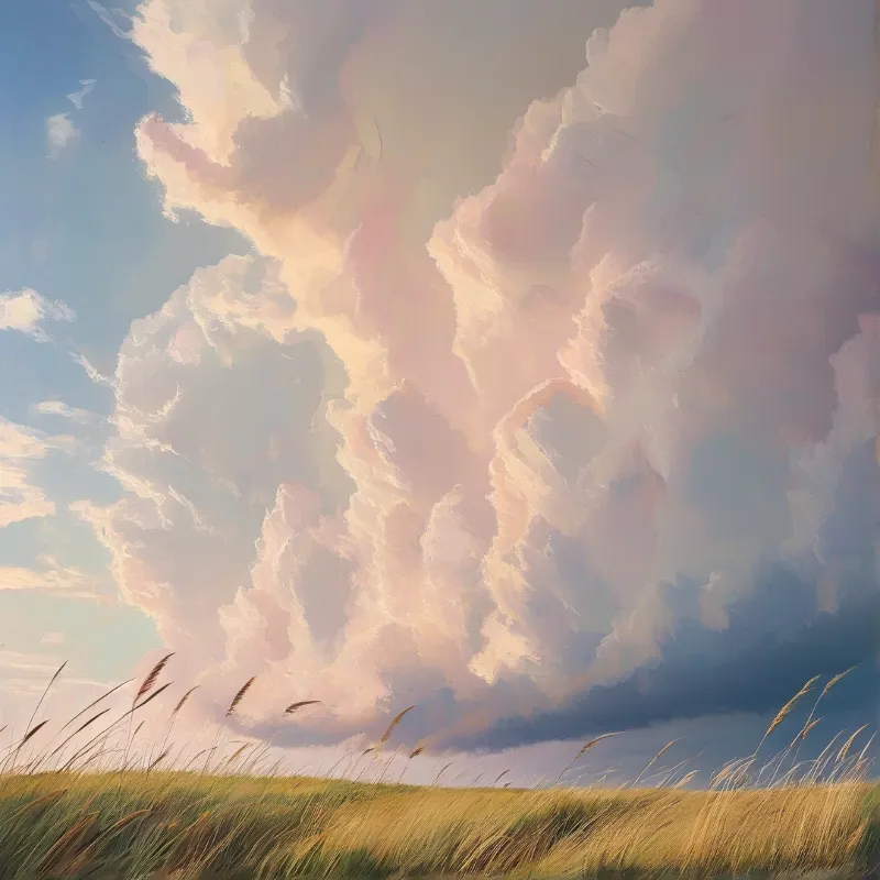 Warm peach toned cumulus clouds stretch above a sunlit expanse of swaying golden wheat grass on a low hillside.