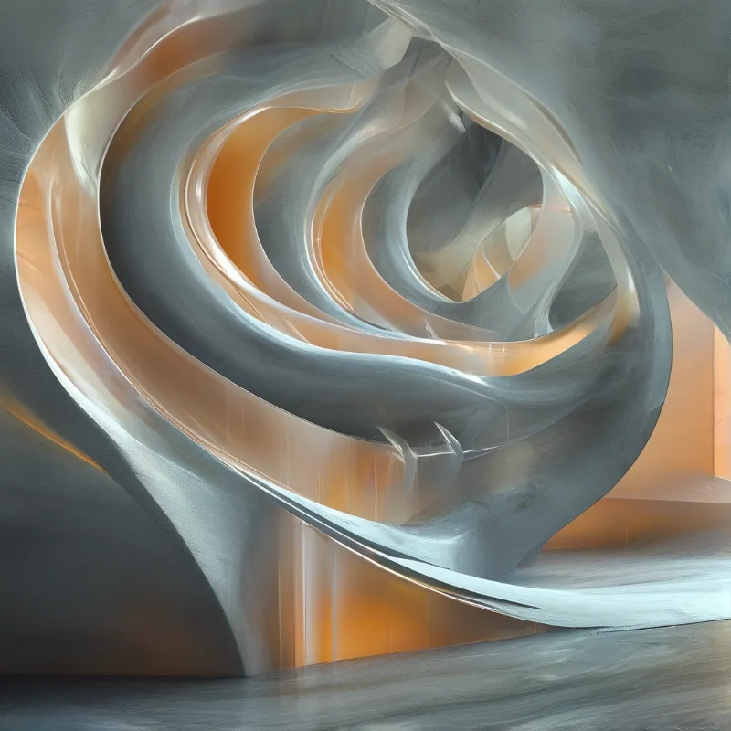 Smooth translucent shapes twist into a vortex against a glowing warm background creating a surreal architectural dream