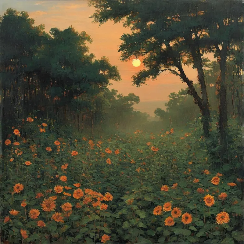Orange flowers bloom in a forest clearing with the sun setting behind distant trees