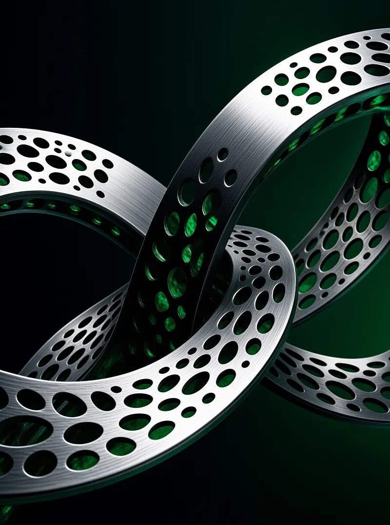 Brushed metal rings with circular cutouts intertwine against a dark background revealing green light through holes.