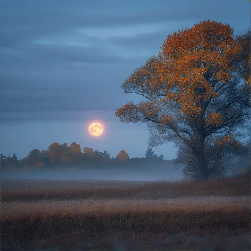 Autumn Moon over Misty Field