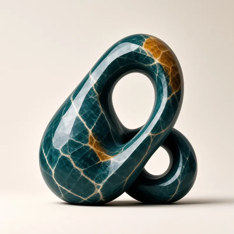 Twisted teal marble knot featuring golden veins sits isolated on a plain beige background with soft highlights.