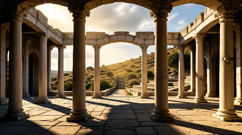 A row of classical stone pillars creates a symmetrical view of a grassy slope bathed in warm afternoon sunlight.