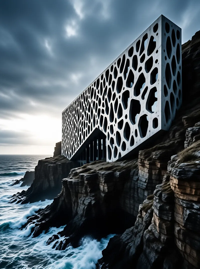 Geometric perforated facade rests above crashing waves while heavy clouds fill the sky.