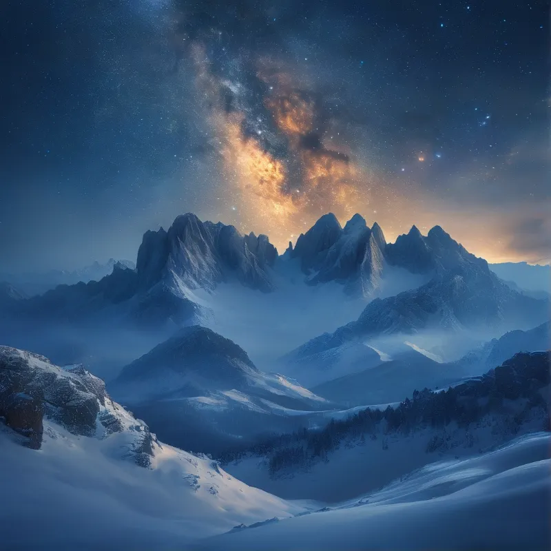 Snowy Peaks Under Milky Way