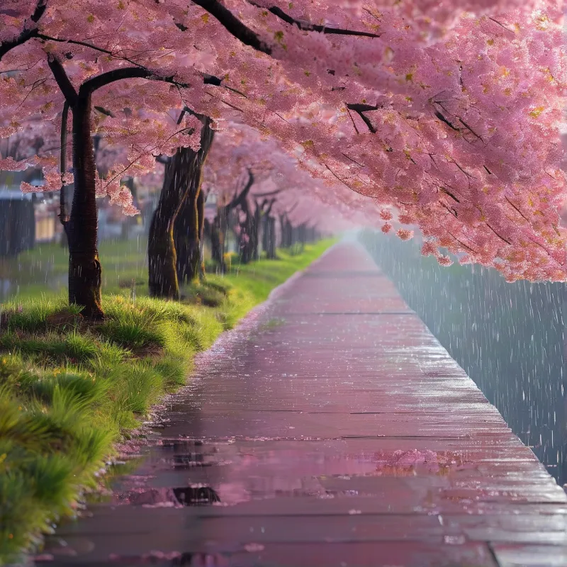 Cherry Blossom Path in Rain