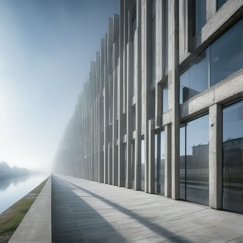 A row of tall concrete pillars casts long diagonal shadows along a paved promenade beside a calm foggy river.