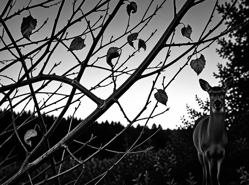 A deer looks through a complex arrangement of bare branches and sparse leaves in a dark forest setting.