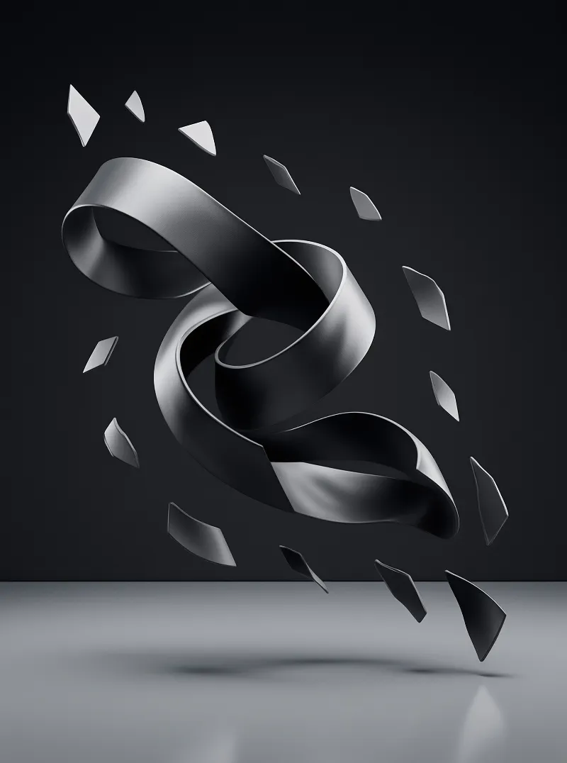 A twisted silver ribbon spirals among floating diamond fragments above a reflective gray surface and black background.