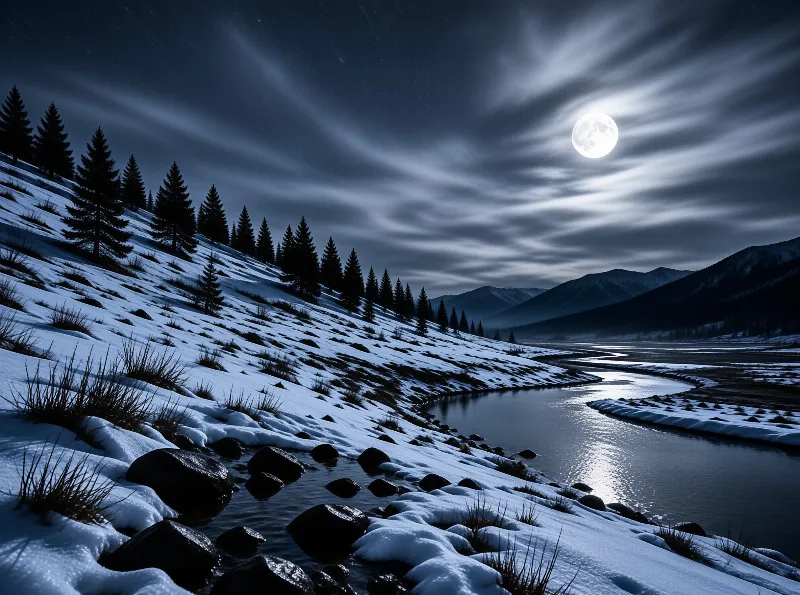 A winding river glints under a full moon as snow blankets a pine-dotted hillside and star trails sweep the night sky.