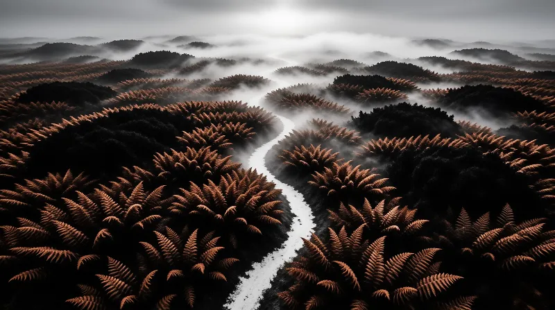 An aerial view follows a pale creek threading through bronze fern thickets under drifting low fog.
