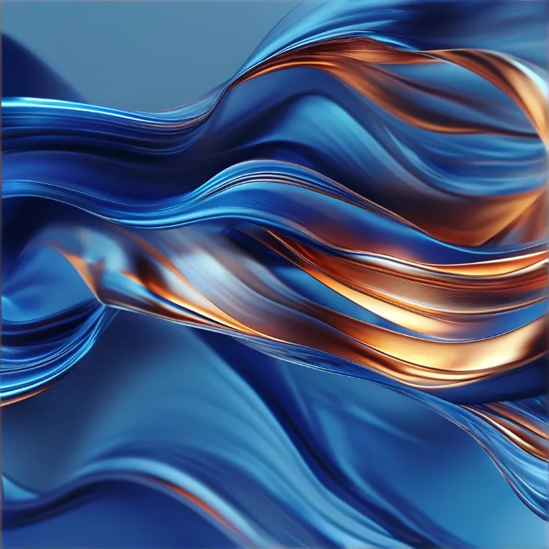 Flowing metallic ribbons in blue and copper tones create a smooth liquid wave effect.