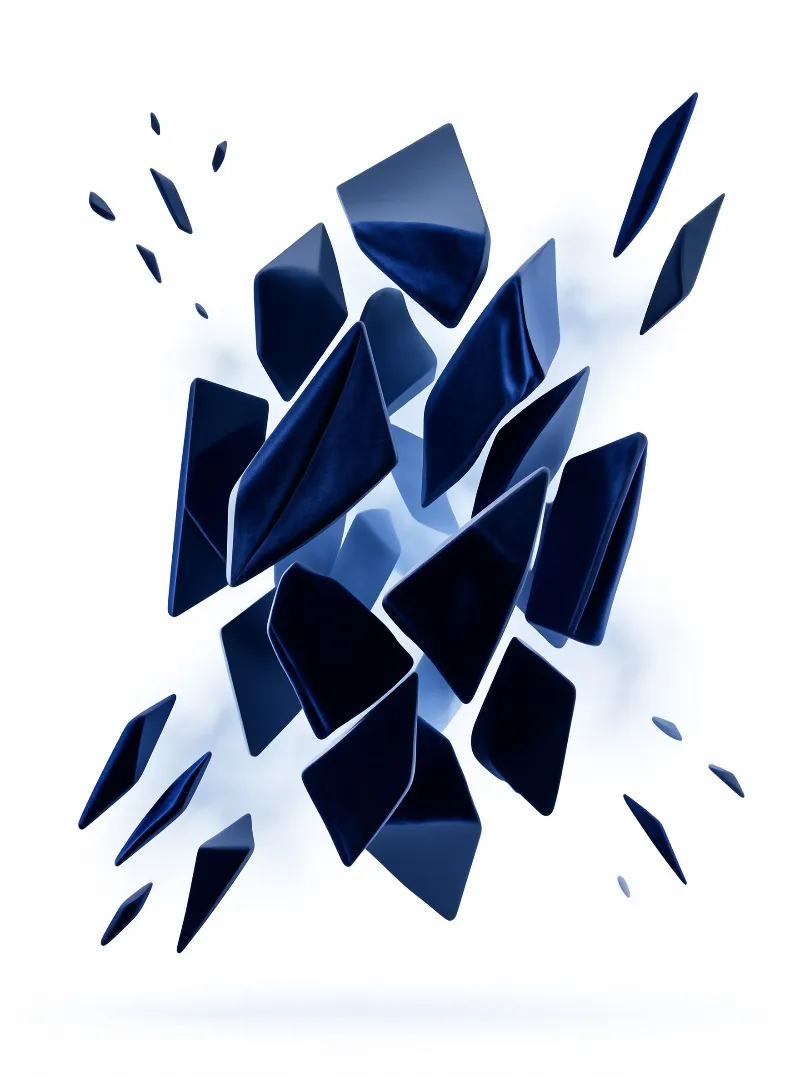 Cluster of glossy navy geometric fragments suspended in empty space with soft diffused shadows.