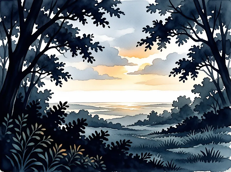 Dark silhouetted trees frame a soft watercolor sunrise shining over a layered blue landscape horizon.