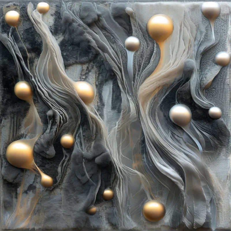 Polished golden spherical droplets sit in dark grey and cream rippled layered surfaces with soft directional lighting