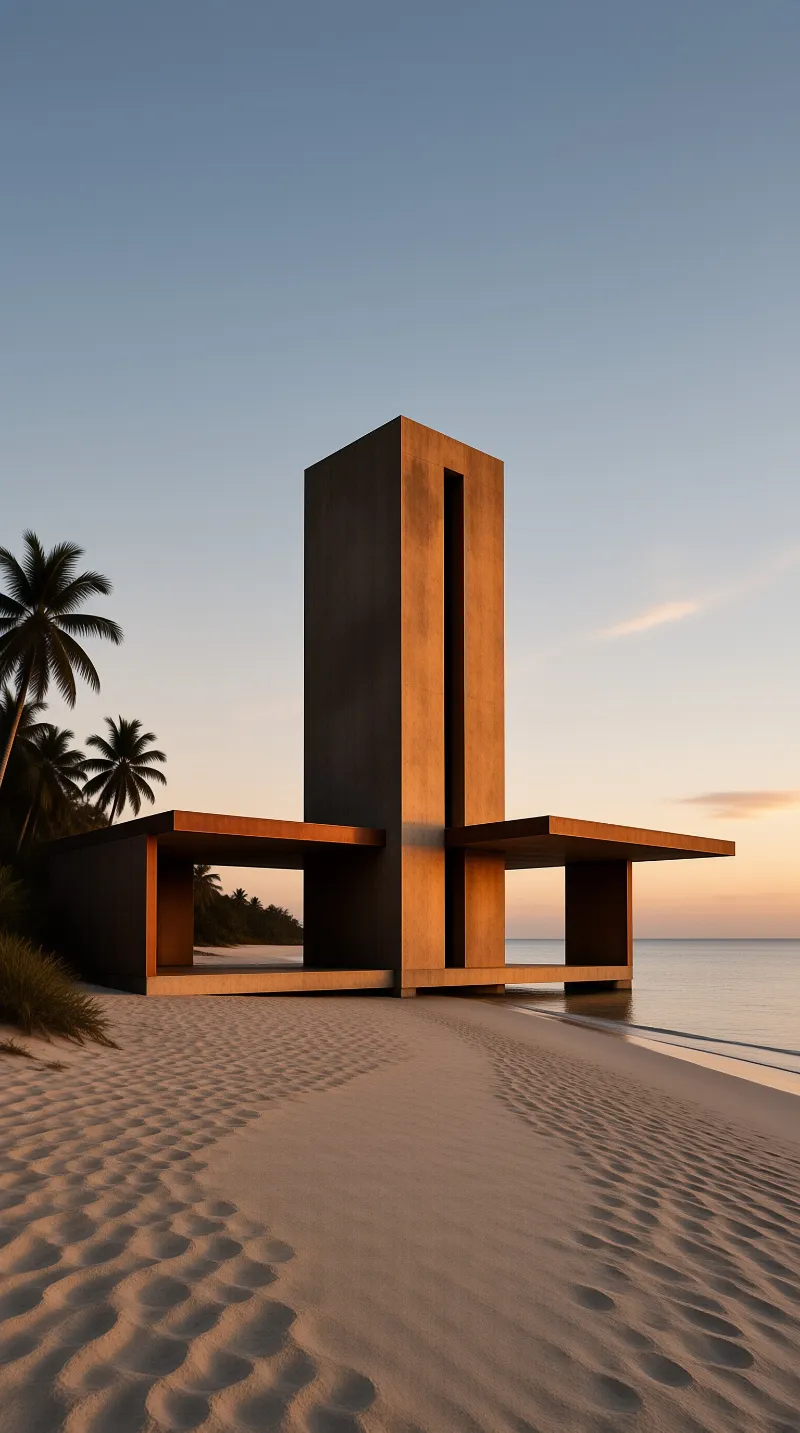 Tall geometric monument stands on the shoreline with palm trees nearby under a warm twilight sky.
