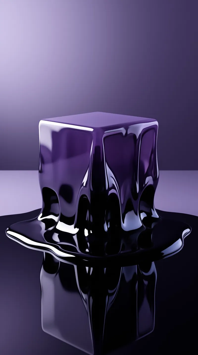 A glossy purple cube melts and spreads across a dark reflective surface in a gradient violet setting.