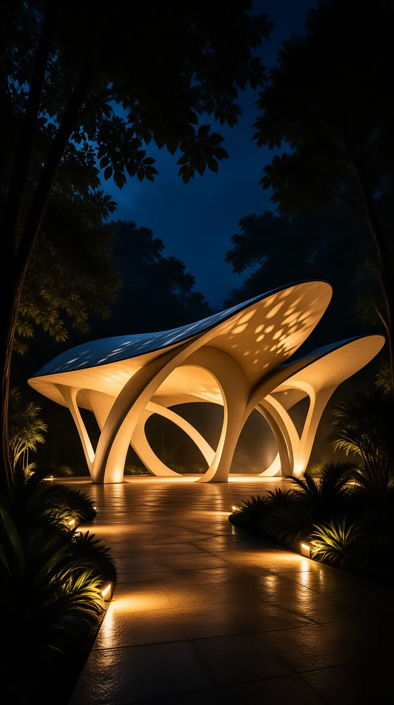 A curved luminous pavilion rises beside a glowing stone walkway beneath dark forest trees at night.