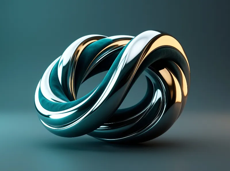 Two glossy loops braid together in deep teal metal with bands of warm gold reflecting soft studio light