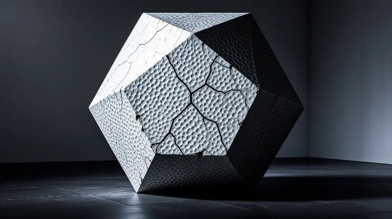 A cracked hexagonal block rests on a dark floor, with dramatic lighting hitting its textured surface and casting shadows.