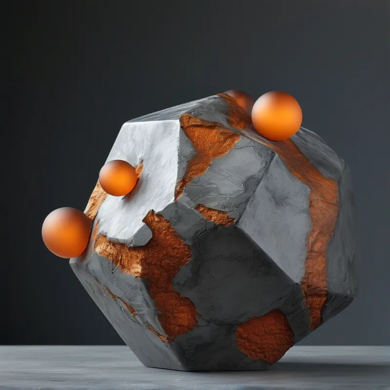 A large grey geometric rock with copper veins supports four shiny orange spheres against a dark background.