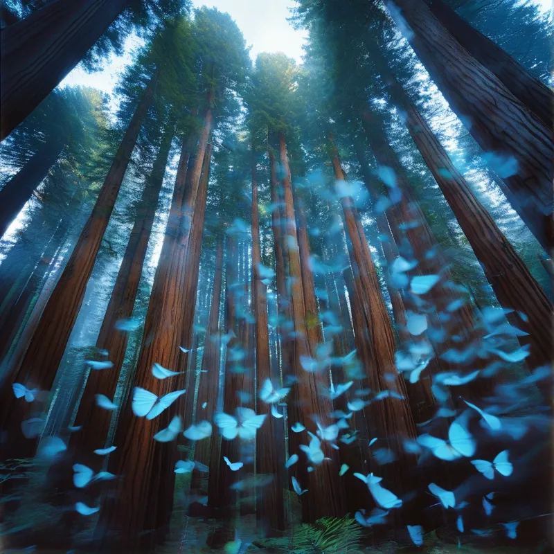 Countless blue butterflies drift upward through a dense forest of towering trees illuminated by bright sunlight.