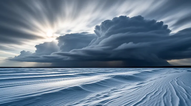 Wind shaped textures across a broad snowfield guide the view toward a distant dark ridge while intense sunbeams burst through heavy cloud cover casting sharp contrasts of light and shadow across the frozen ground.