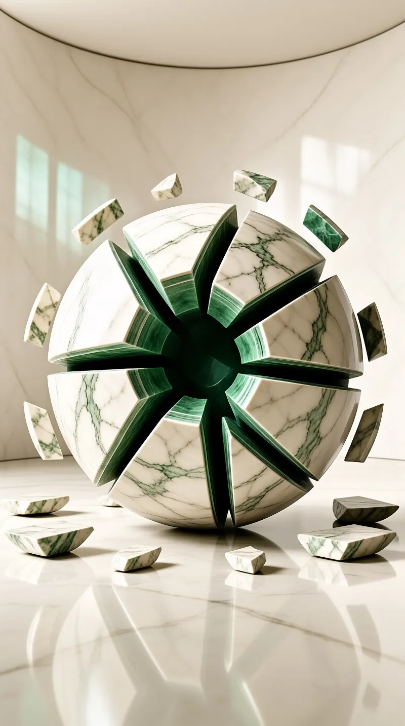A fractured stone sphere with green veins explodes on a reflective floor inside a curved white gallery space.