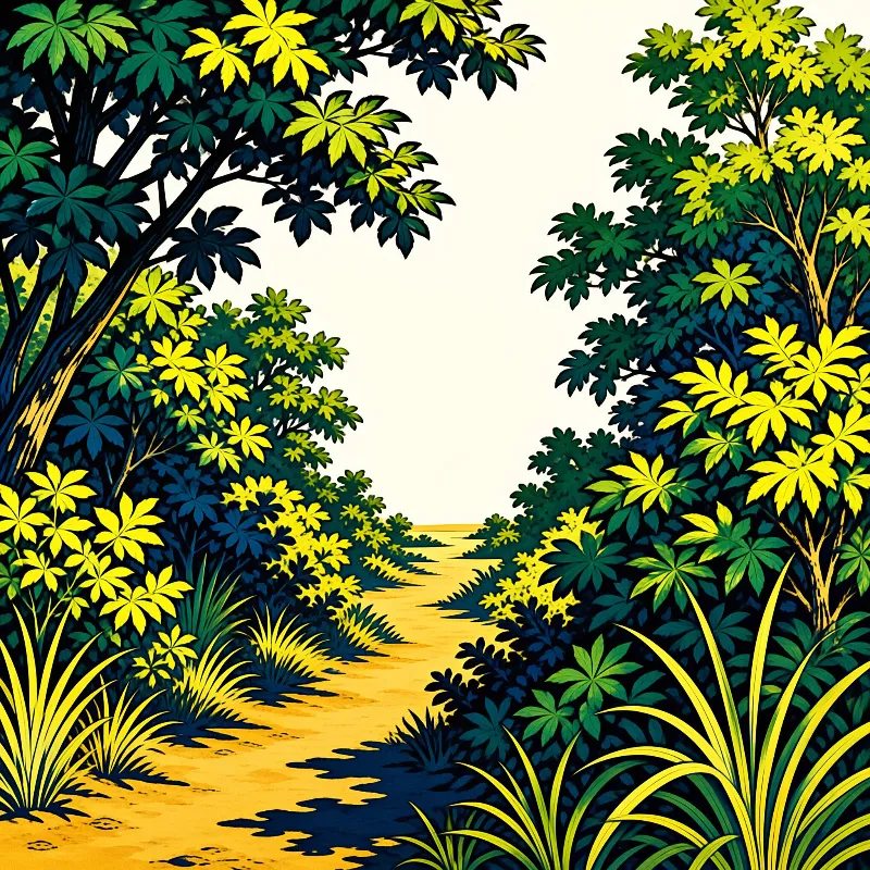 A sunlit dirt path cuts through stylized dense foliage with bright yellow and dark green leaves casting shadows on the trail.