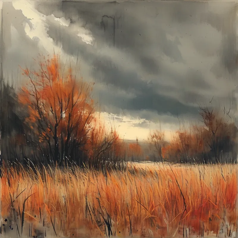 Impressionistic autumn landscape of dry golden reeds in front, russet trees by the field, heavy dark storm clouds over dim wetlands.