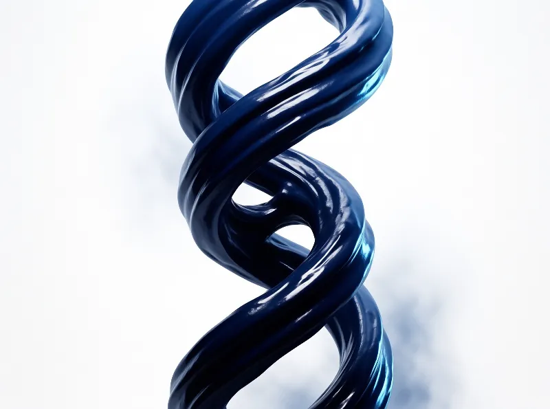 A polished cobalt ribbon twists upward in two intertwined strands against a pale foggy backdrop.