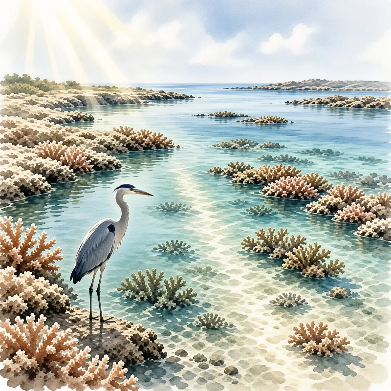 A grey heron stands on a rock in shallow turquoise water among coral formations with sunlight streaming across the water.