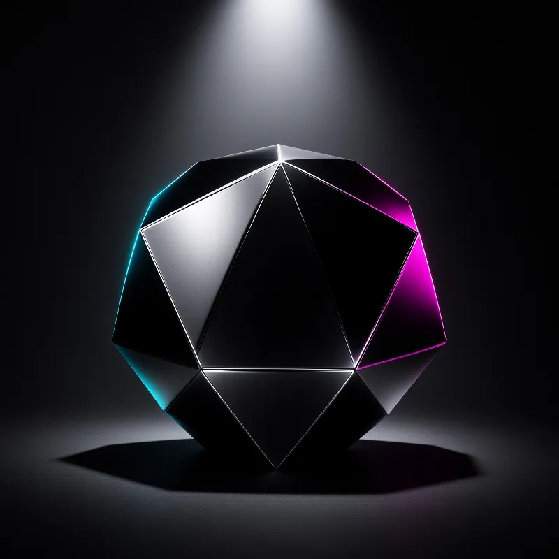 A black faceted icosahedron stands under a single overhead spotlight, with cyan glow along its left edge and magenta glow along its right edge against a dark room.
