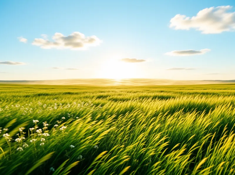 A wide field of green grass fills the foreground while the sun shines low on the horizon.