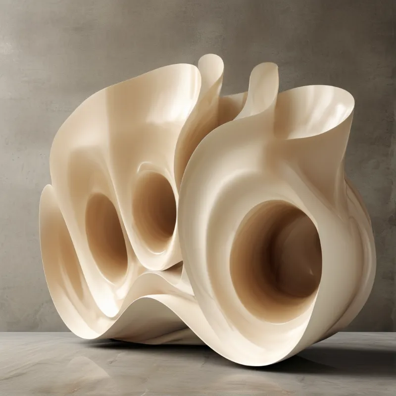 A smooth cream colored abstract sculpture with large hollow openings sits on a gray floor against a gray wall