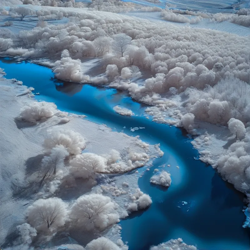 Aerial view of a vivid blue river curving through a landscape of snow-covered trees and frozen ground.