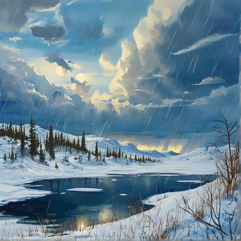 Two pale moons glow behind storm clouds while rain sweeps across a snowy mountain lake framed by dark evergreens.
