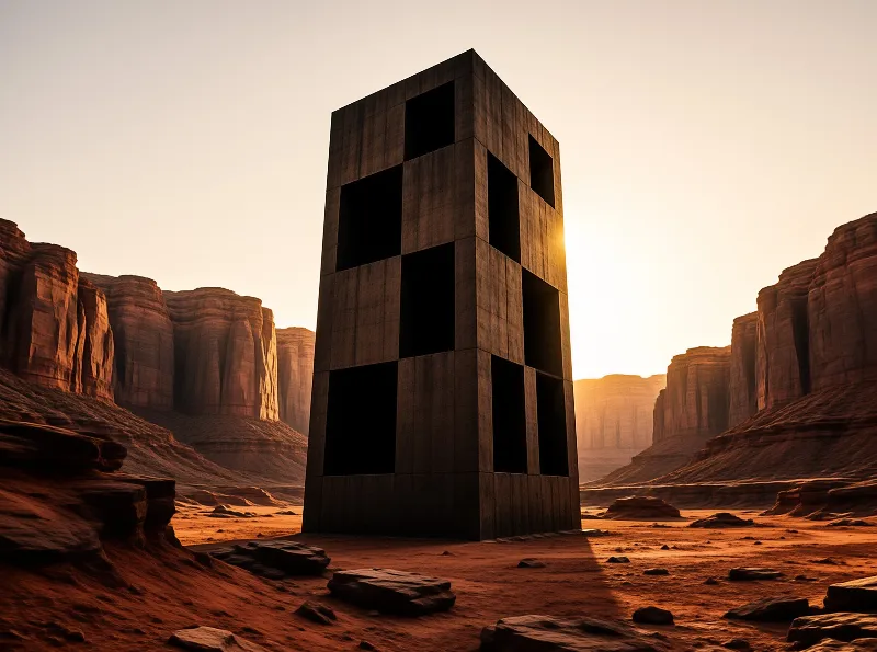 A gray concrete tower with square holes stands in a red desert canyon illuminated by low golden sunlight.