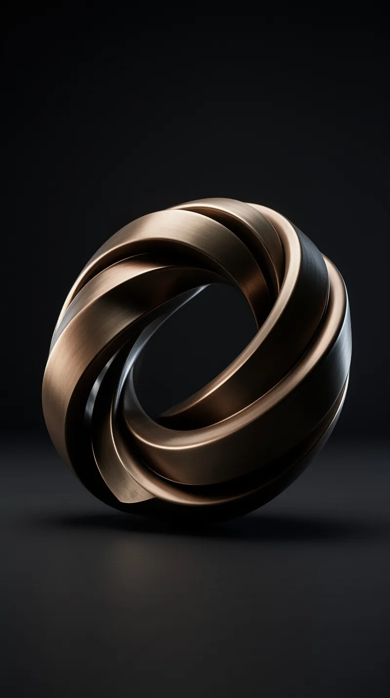 A brushed bronze torus knot stands on a glossy black surface, lit from above with warm highlights and deep shadows.
