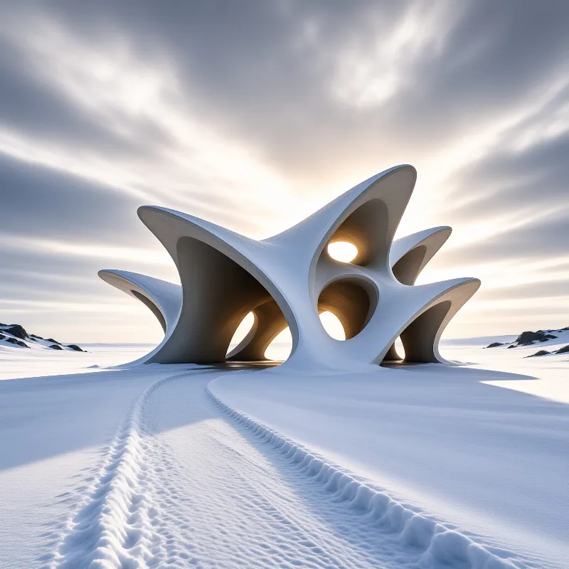 A white curved pavilion with circular openings rises from a snowy plain under a backlit cloudy sky.