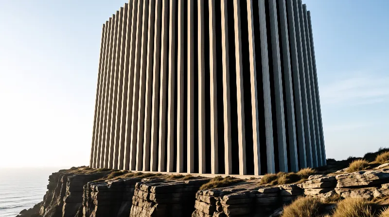 Vertical concrete slats form a rhythmic facade on a grassy coastal cliff with the ocean visible in the distance.