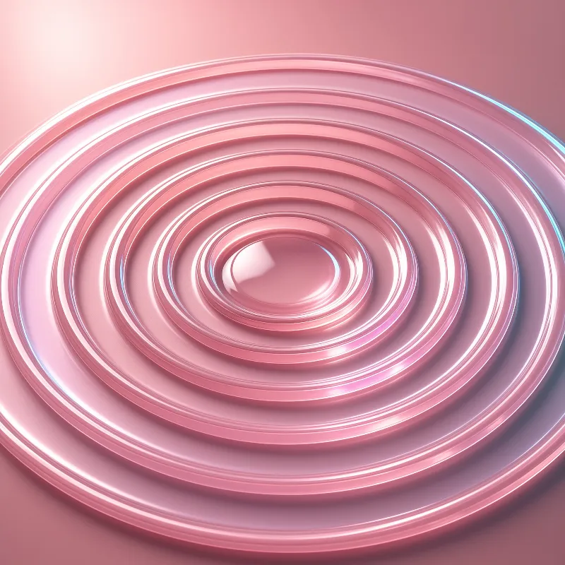 A smooth pink surface displays a series of concentric circular ridges that catch the light with shiny highlights.