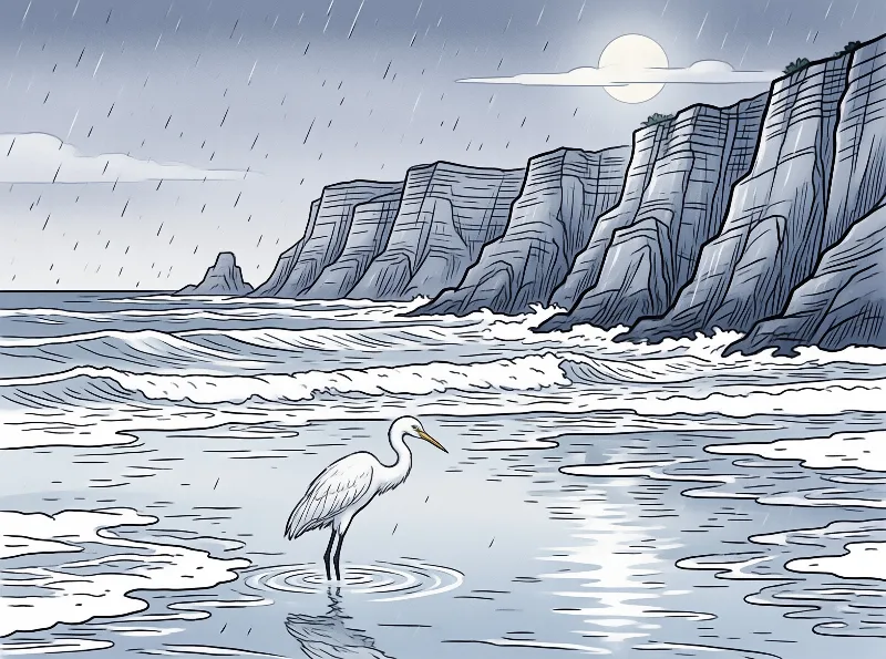 A white bird stands in shallow water while rain falls near tall rocky cliffs under a circular moon