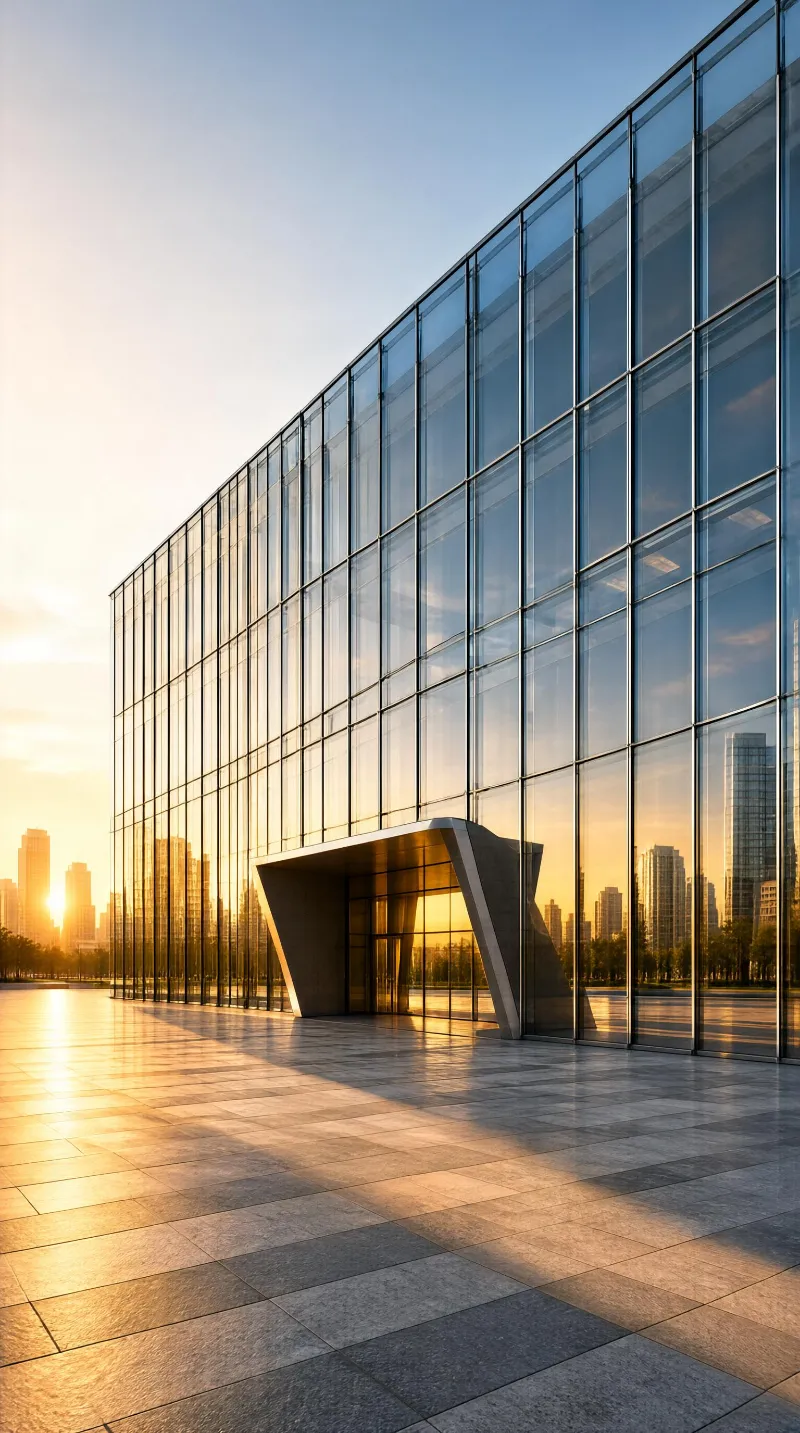 Modern Glass Building at Sunset